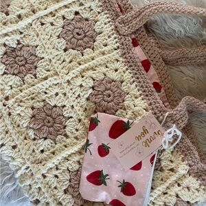 Crochet Floral Tote Bag with Strawberry Pouch